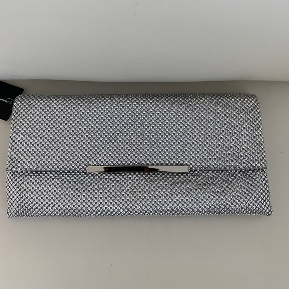 I-N-C Beaded Mesh Clutch/Shoulder Bag In Silver